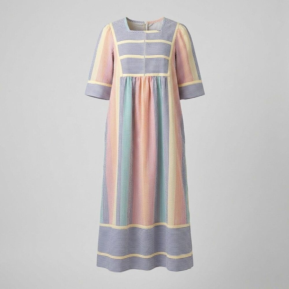 Vintage Saybury Seersucker House Dress L Pastel Rainbow Stripped Loungewear